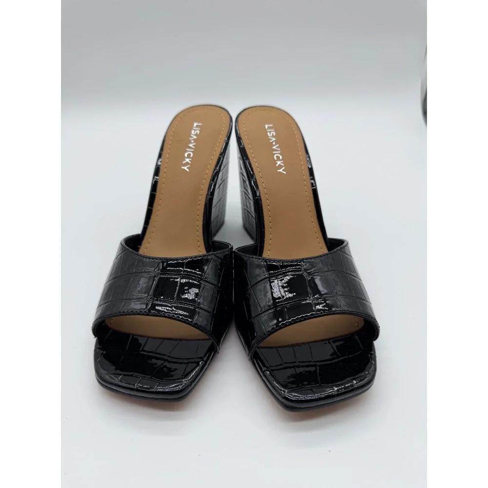 Lisa‎ Vicky Adore-V Black Croc Patent Wedge Sandals Square Toe Mules Size 7.5